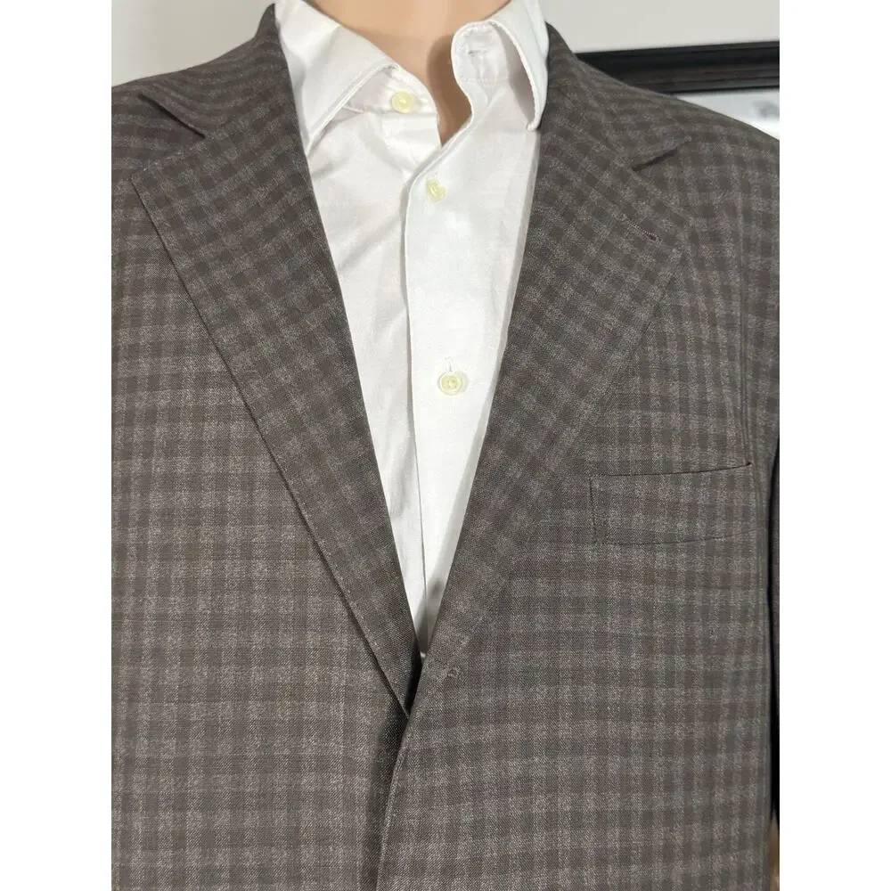 Brunello Cucinelli Brown Wool Mohair Silk Blazer Sportcoat Brown Plaid 54/44